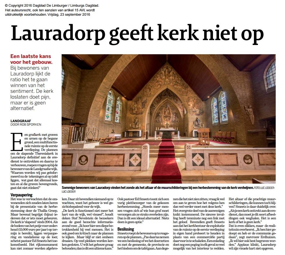 Krantartikel Lauradorp geeft kerk niet op - Herbestemming Theresiakerk, Landgraaf - BEELEN CS architecten Eindhoven / Thalliagroep Weert