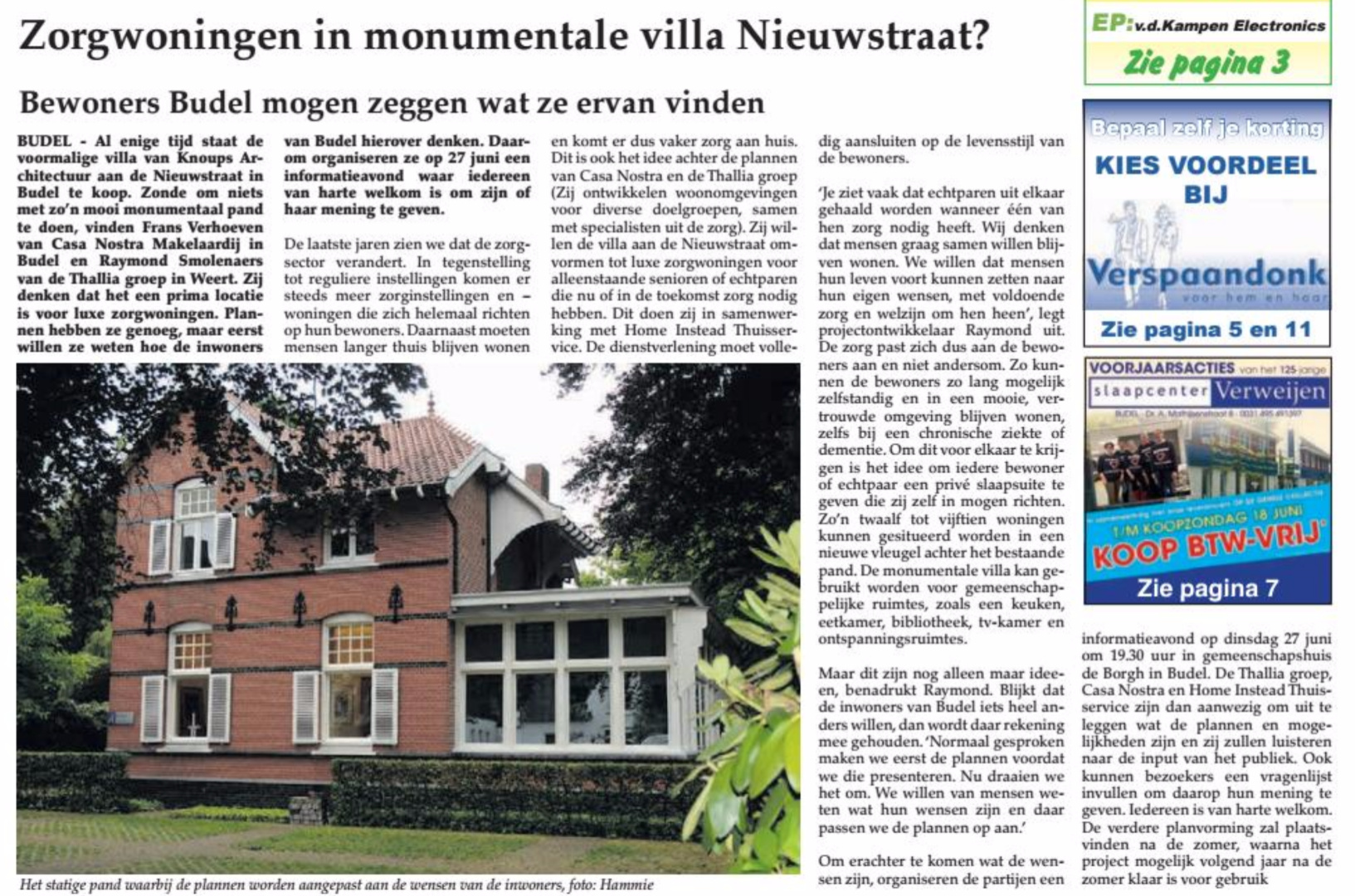 artikel krant infomatie avond Zorgwoningen Budel - Thalliagroep Weert Eindhoven