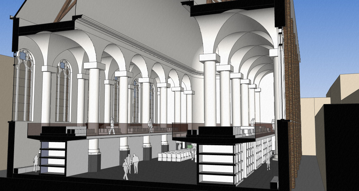 3D impressie dwarsdoorsnede gravengalerij - plan voor mausoleum in de Kerk aan de Lange Haven, Schiedam- BEELEN CS architecten Eindhoven / Thalliagroep Weert