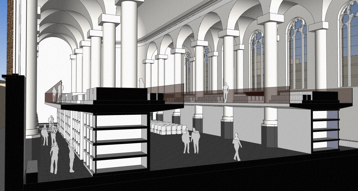 3D impressie dwarsdoorsnede over de graven - plan voor mausoleum in de Kerk aan de Lange Haven, Schiedam- BEELEN CS architecten Eindhoven / Thalliagroep Weert