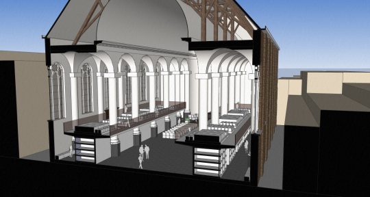 3D impressie dwarsdoorsnede - plan voor mausoleum in de Kerk aan de Lange Haven, Schiedam- BEELEN CS architecten Eindhoven / Thalliagroep Weert