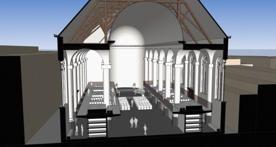 3D impressie dwarsdoorsnede totaal - plan voor mausoleum in de Kerk aan de Lange Haven, Schiedam- BEELEN CS architecten Eindhoven / Thalliagroep Weert