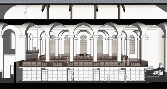 3D impressie langsdoorsnede gravengalerij - plan voor mausoleum in de Kerk aan de Lange Haven, Schiedam- BEELEN CS architecten Eindhoven / Thalliagroep Weert