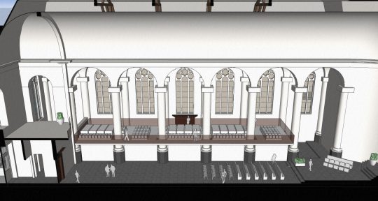 3D impressie langsdoorsnede zaal - plan voor mausoleum in de Kerk aan de Lange Haven, Schiedam- BEELEN CS architecten Eindhoven / Thalliagroep Weert