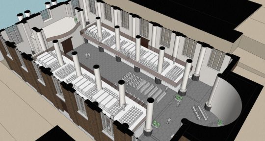 3D impressie opengewerkte plattegrond - plan voor mausoleum in de Kerk aan de Lange Haven, Schiedam- BEELEN CS architecten Eindhoven / Thalliagroep Weert