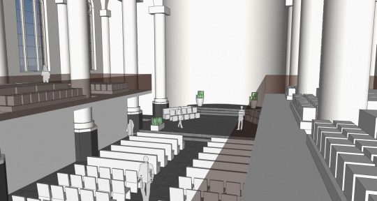 3D interieur impressie vanaf de graven eregalerij - plan voor mausoleum in de Kerk aan de Lange Haven, Schiedam- BEELEN CS architecten Eindhoven / Thalliagroep Weert