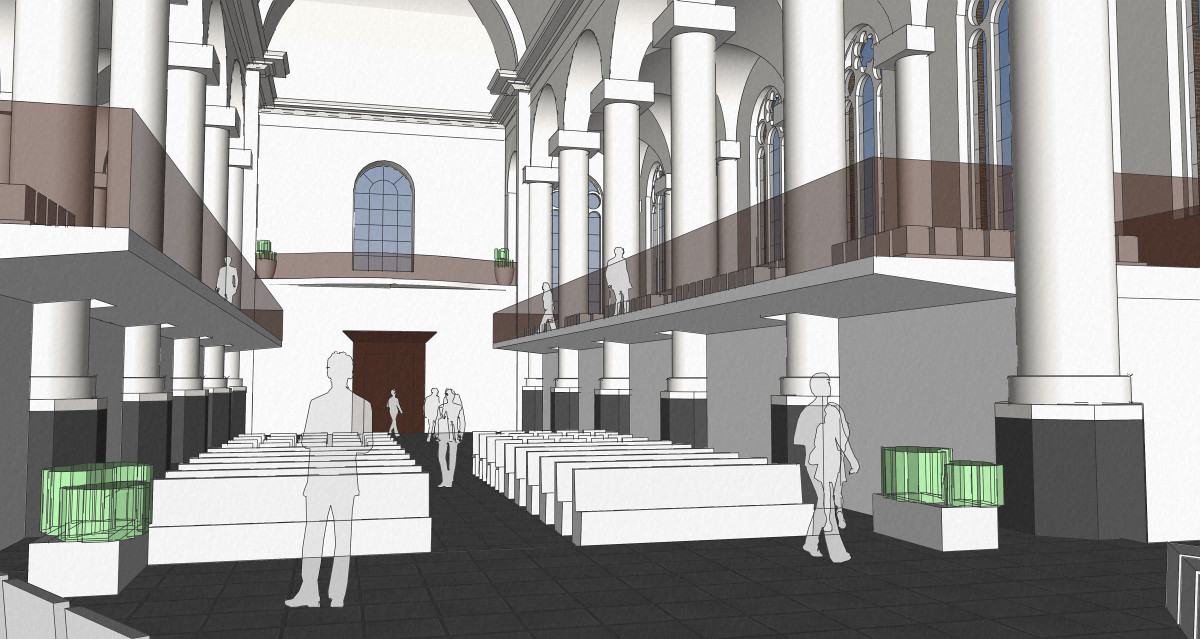 3D interieur impressie vanaf het altaar - plan voor mausoleum in de Kerk aan de Lange Haven, Schiedam- BEELEN CS architecten Eindhoven / Thalliagroep Weert