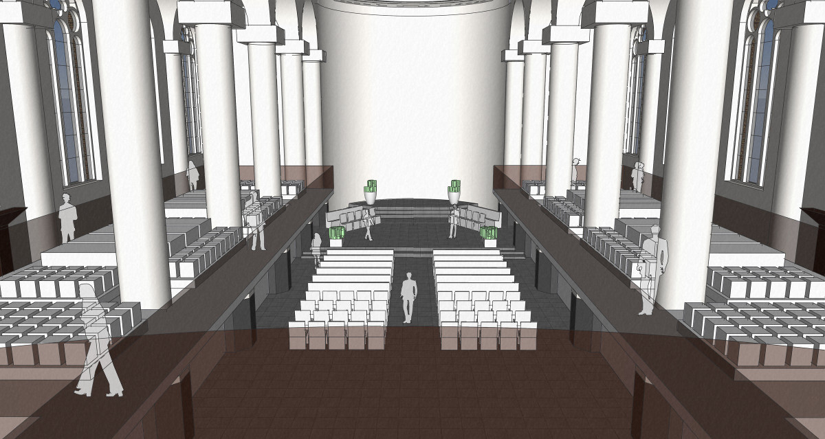 3D interieur impressie vanaf het oksaal - plan voor mausoleum in de Kerk aan de Lange Haven, Schiedam- BEELEN CS architecten Eindhoven / Thalliagroep Weert