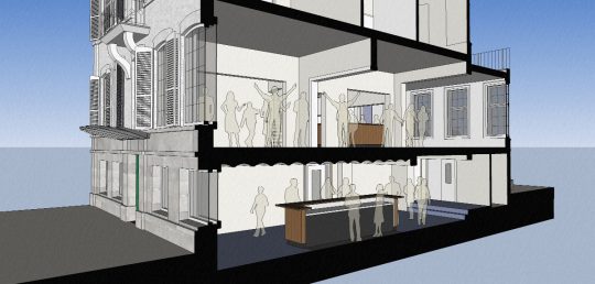 3D impressie doorsnede - Herbestemming naar studentensociëteit, Eindhoven - BEELEN CS architecten Eindhoven / Thalliagroep Weert