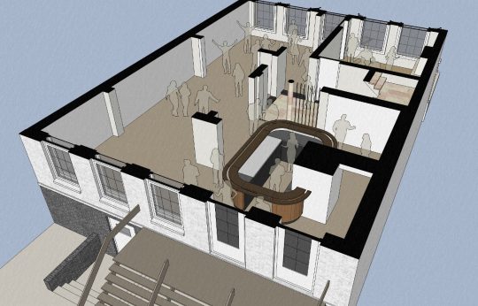 3D impressie feestruimte van achter gezien- Herbestemming naar studentensociëteit, Eindhoven - BEELEN CS architecten Eindhoven / Thalliagroep Weert