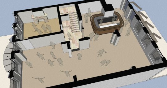 3D impressie plattegrond feestruimte - Herbestemming naar studentensociëteit, Eindhoven - BEELEN CS architecten Eindhoven / Thalliagroep Weert