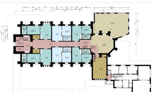 Herbestemming Sint-Bernadettekerk principe plattegrond kleur, Landgraaf - BEELEN CS architecten Eindhoven / Thalliagroep Weert