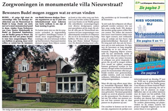 artikel krant infomatie avond Zorgwoningen Budel | Thallia groep Weert - Eindhoven